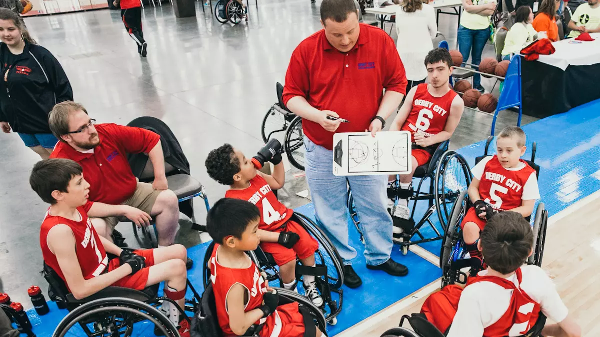 coach talking to special needs basket ball team